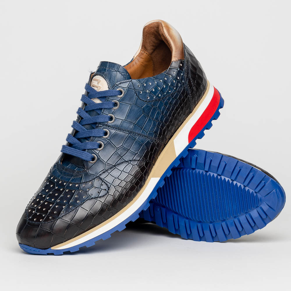 Zelli Rocco Hand-Burnished Crocodile Embossed Sneakers in Navy