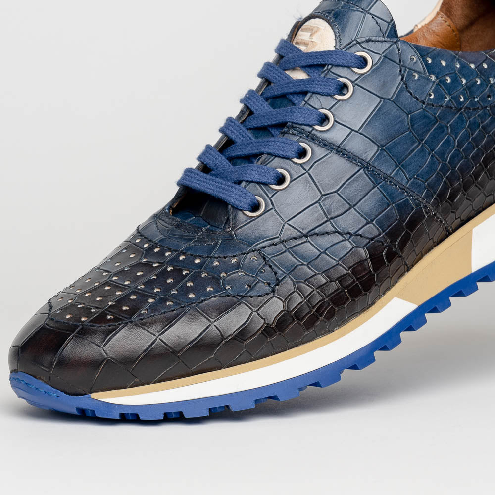Zelli Rocco Hand-Burnished Crocodile Embossed Sneakers in Navy