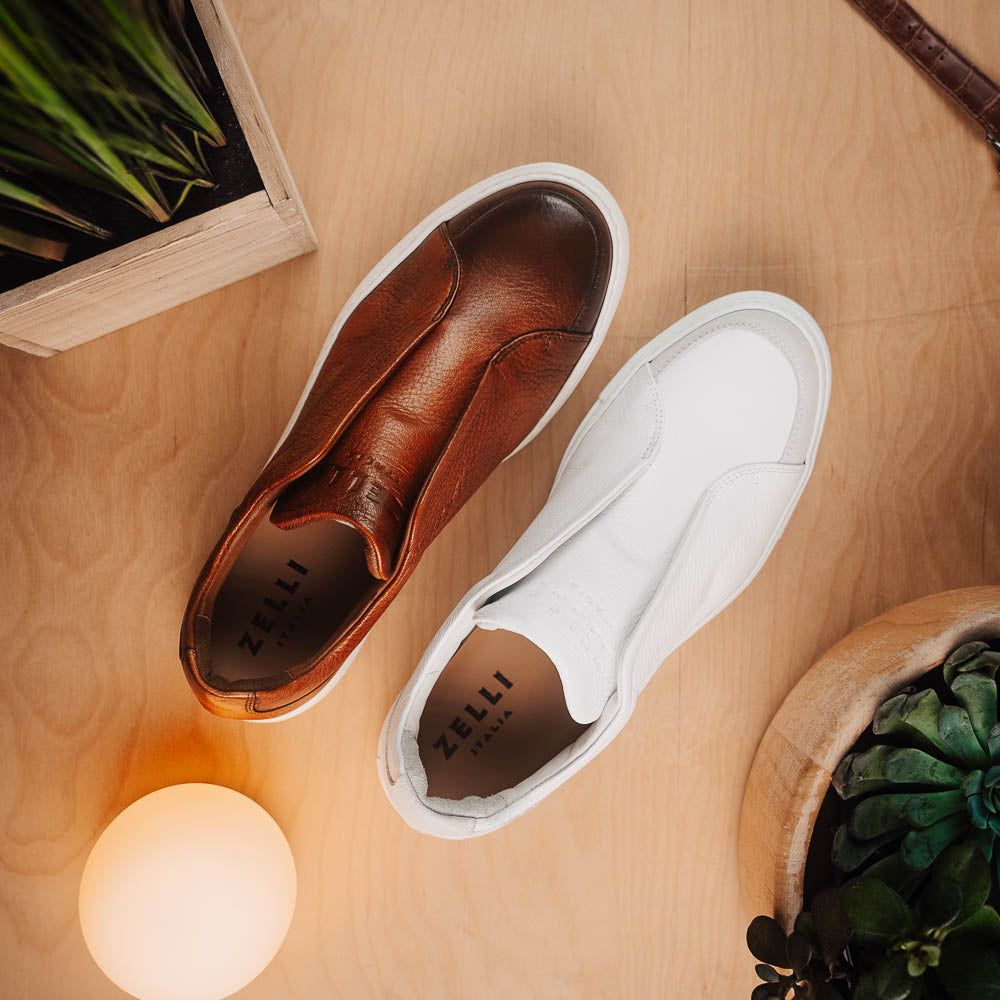 Zelli Spettacolare Pebble Grain Slip-On Sneaker in Cognac