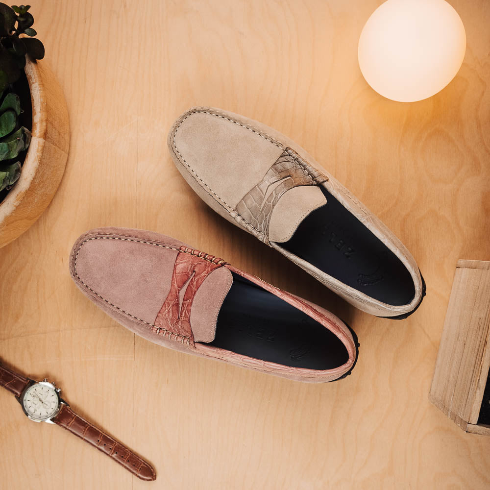 Zelli Monza Suede and Caiman Crocodile Driving Shoes in Candy