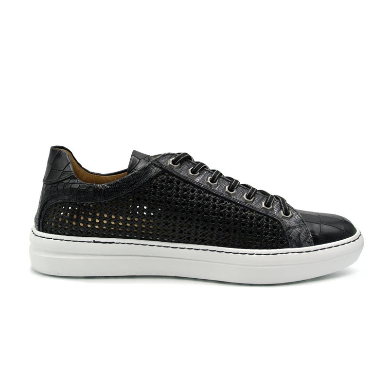 Zelli Vento Woven Calfskin & Crocodile Embossed Sneakers in Black