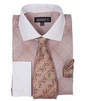 SKU*HA1703 Marrón francés Bofetada Cheques Vestir Camisa Con Corbata Y Pañuelo Blanco Collar