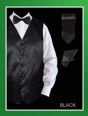 SKU*HSA01 Satín Negro 4 pieza Chaleco Conjunto (Pajarita, corbata, pañuelo)