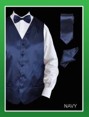 SKU*LPA99 Satín Armada 4 pieza Chaleco Conjunto (Pajarita, corbata, pañuelo)