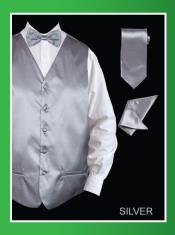 SKU*SSL878 Satín Plata 4 pieza Chaleco Conjunto (Pajarita, corbata, pañuelo)