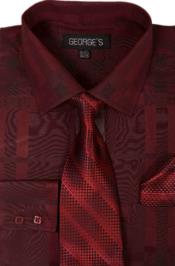 SKU*SW956 Borgoña Geométrico Patrón Algodón Vestir Camisa con Corbata